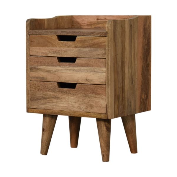 Solid Mango Wood Oak Scandinavian Style 3 Drawer Gallery Back Bedside - Image 2