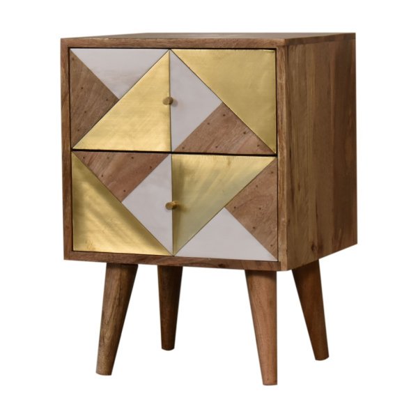 Solid Mango Wood Oak Scandinavian Style 2 Drawer Brass and Acrylic Patterned Bedside