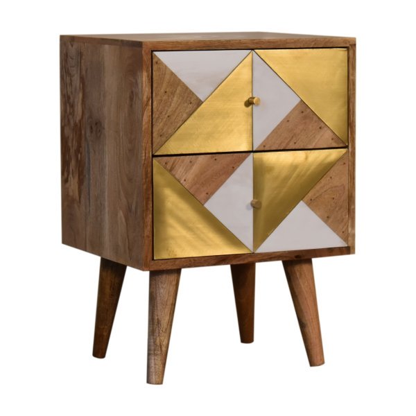 Solid Mango Wood Oak Scandinavian Style 2 Drawer Brass and Acrylic Patterned Bedside - Image 2