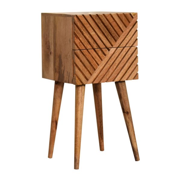 Solid Mango Wood Oak Mini Lillie Scandinavian Style 2 Drawer Line Carved Bedside - Image 2