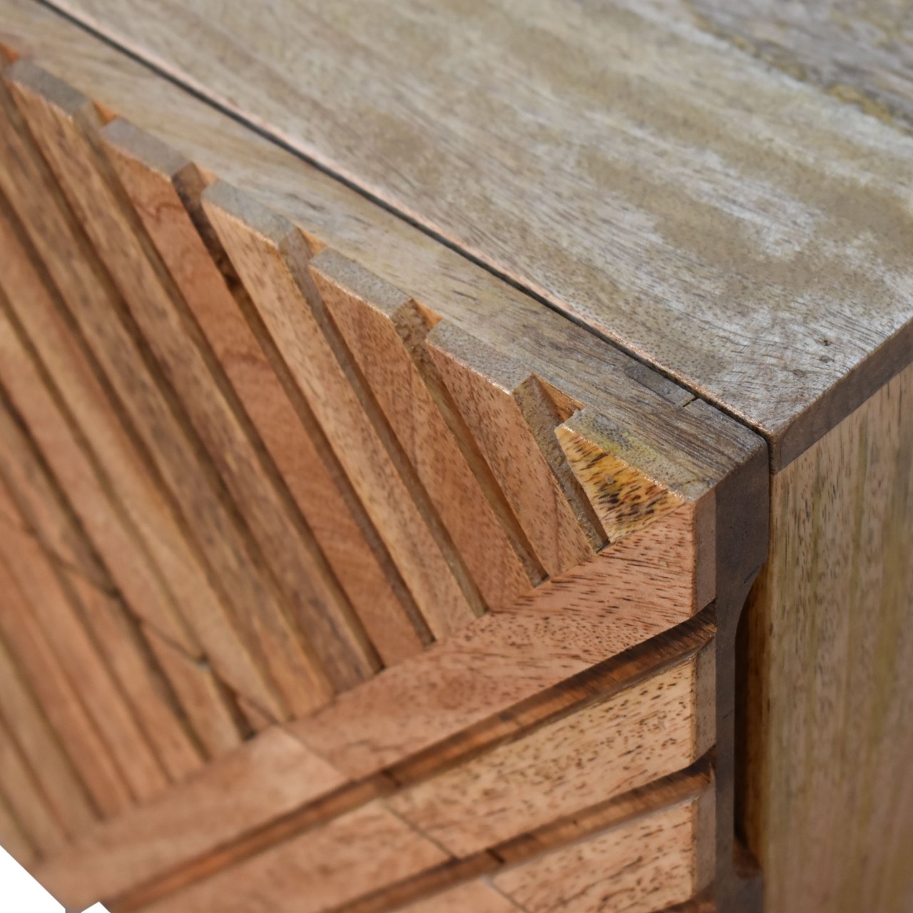 Solid Mango Wood Oak Mini Lillie Scandinavian Style 2 Drawer Line Carved Bedside - Image 5