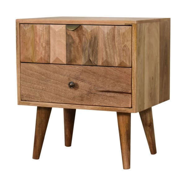 Solid Mango Wood Oak Finished Prism Carved 1 Drawer Bedside - Image 2
