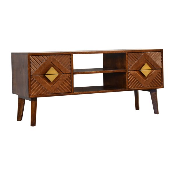Solid Mango Wood Chestnut and Brass Finished 2 Slots 4 Drawer Media Unit - Image 3
