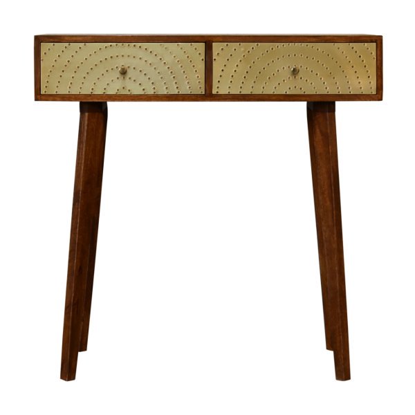 Solid Mango Wood Chestnut and Brass Finished 2 Drawer Console Table