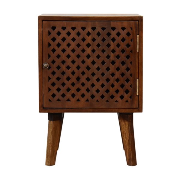 Solid Mango Wood Chestnut Finished Carved Front 1 Door Bedside