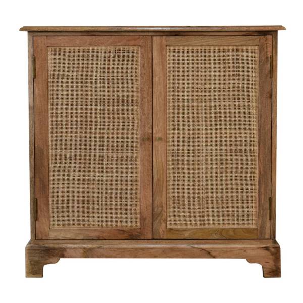 Solid Mango Wood Oak Finished Woven Front 2 Door Lounge Cabinet