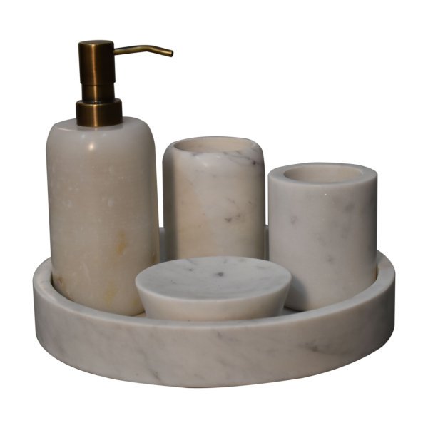 Mango Wood White Marble 5 Piece Bathroom Set