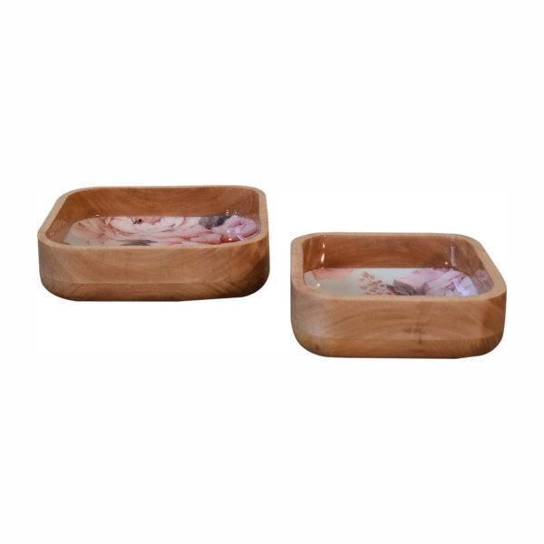 Mango Wood Pink Floral Square Bowl Set of 2