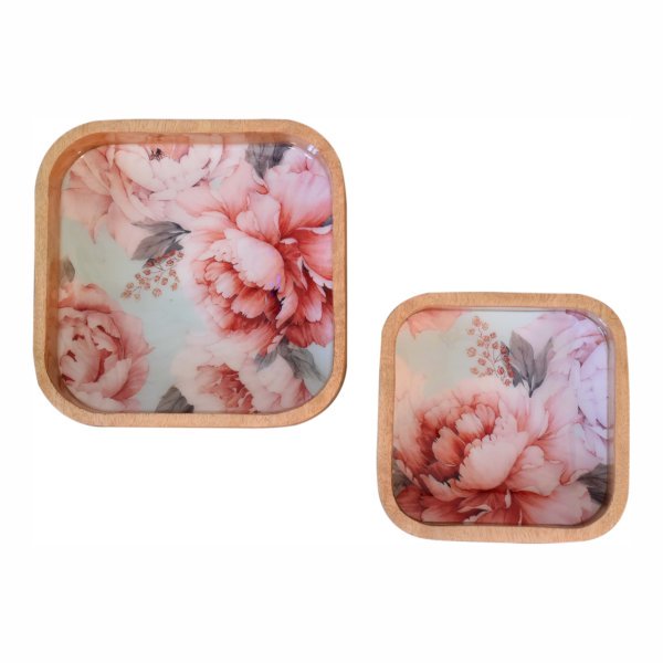 Solid Mango Wood Pink Floral Square Bowl Set of 2 - Image 3