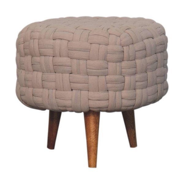 Solid Mango Wood Oak Finished Tube with Cream Upholstered Tube Stool