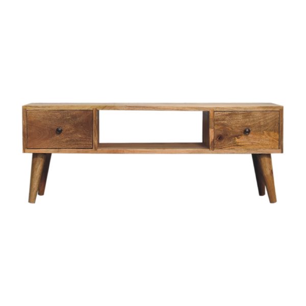 Solid Mango Wood Oak Finished Classic Coffee Table with 2 Drawers - Image 2