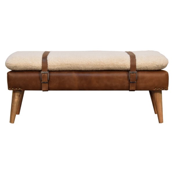 Mango Wood Boucl? Buffalo Hide Leather Bench