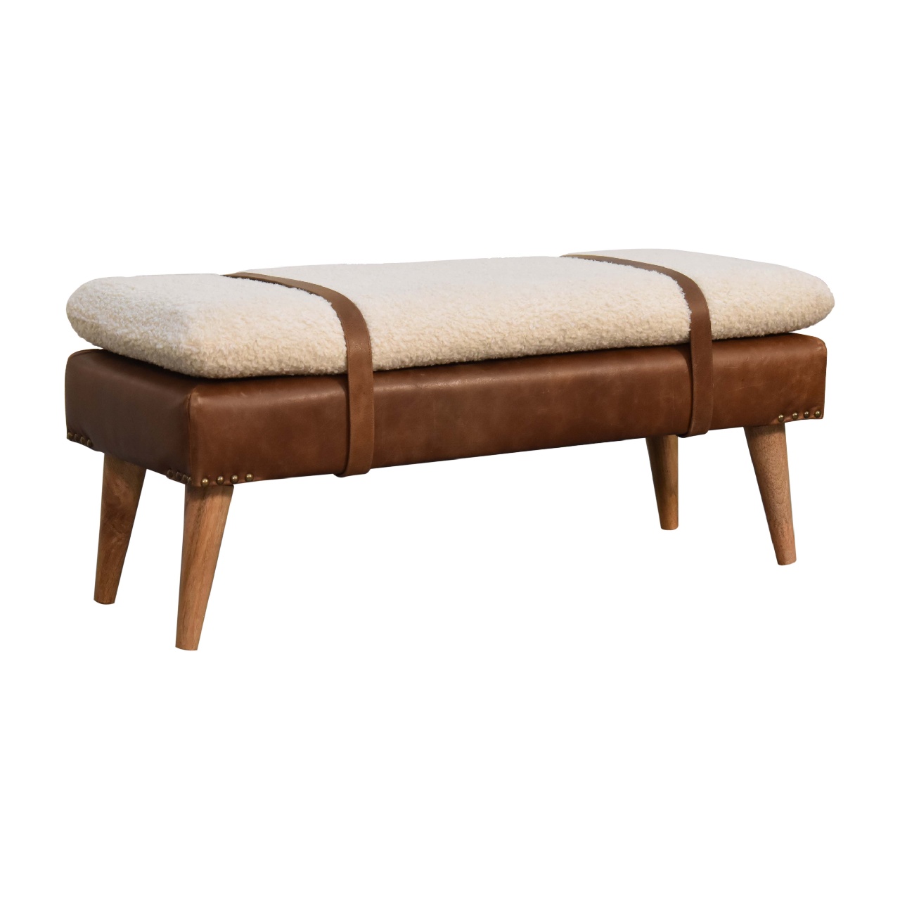 Mango Wood Boucl? Buffalo Hide Leather Bench - Image 3