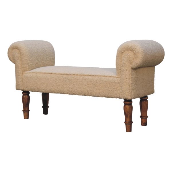 Solid Mango Wood Oak Finished Boucl? Cream Footstool/Bench with Arms
