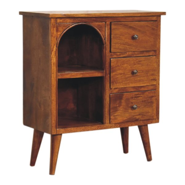 Solid Mango Wood Chestnut Finished Three Drawer Open Shelf Cabinet - Image 2