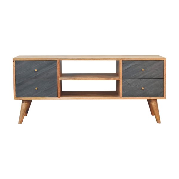 Solid Mango Wood Oak Finished 2 Stone Veneer Door Slade Media Unit