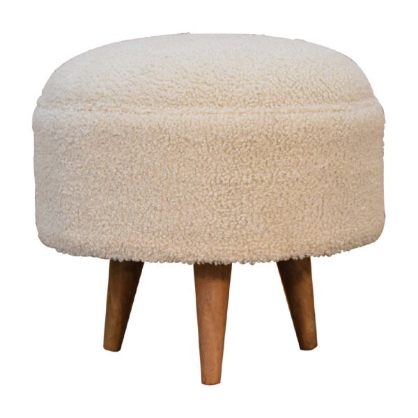 Solid  Mango Wood Cream Boucle Rounded Footstool