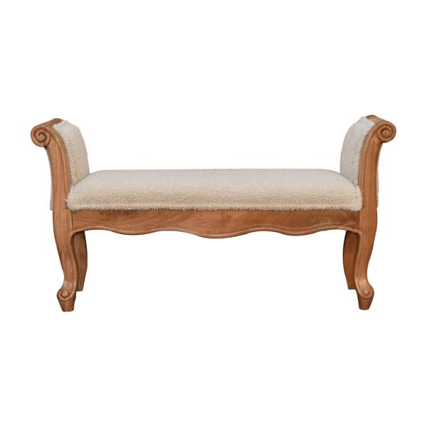 Solid  Mango Wood Cream Boucle French Style Bench