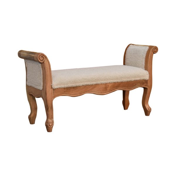 Solid  Mango Wood Cream Boucle French Style Bench - Image 3
