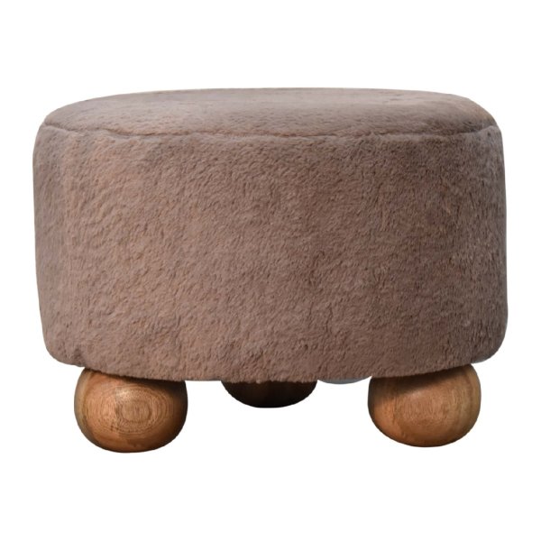 Mango Wood Mocha Faux Fur Round Ball Footstool