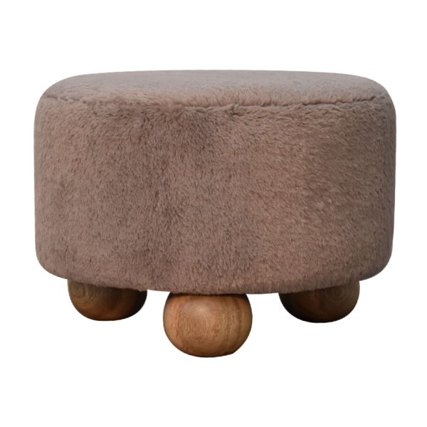 Mango Wood Mocha Faux Fur Round Ball Footstool - Image 2