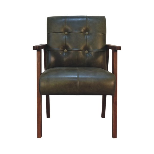 Solid Mango Wood Solid Chestnut Finished Mango Wood Olive Coloured Buffalo Leather Arm Chair