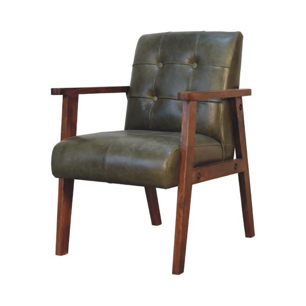 Solid Mango Wood Solid Chestnut Finished Mango Wood Olive Coloured Buffalo Leather Arm Chair - Image 2