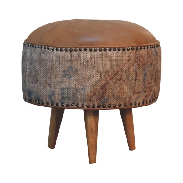 Solid Mango Wood Tan Buffalo Leather Boucle Stool