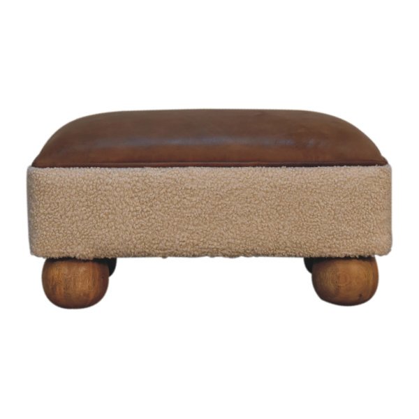 Solid Mango Wood Solid Mago Wood Tan Buffalo Leather Boucle Rectangular Stool