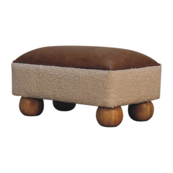 Solid Mango Wood Solid Mago Wood Tan Buffalo Leather Boucle Rectangular Stool - Image 2