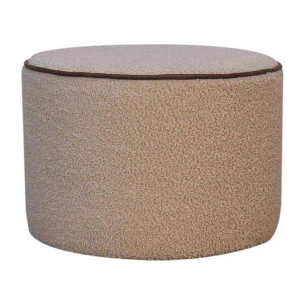 Solid Mango Wood Boucle with Buffalo Leather Piping Round Stool