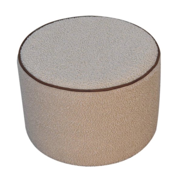 Solid Mango Wood Boucle with Buffalo Leather Piping Round Stool - Image 4