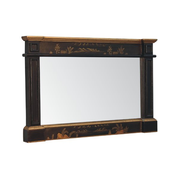 Solid Oak Finished Mango Wood Oriental Mirror with Leather and Black Handpainting - Image 2