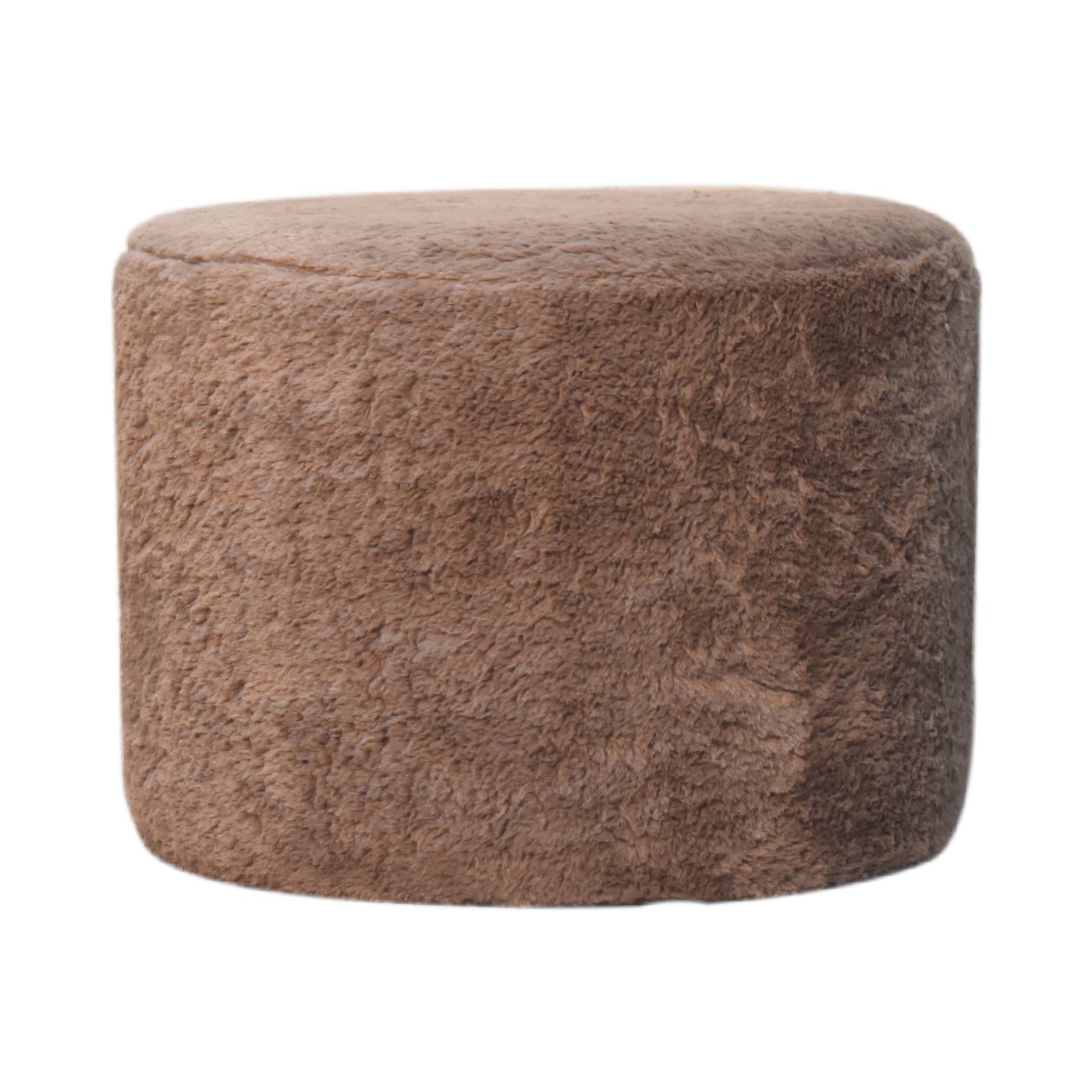 Solid  Mango Wood Mocha Faux Fur Round Footstool