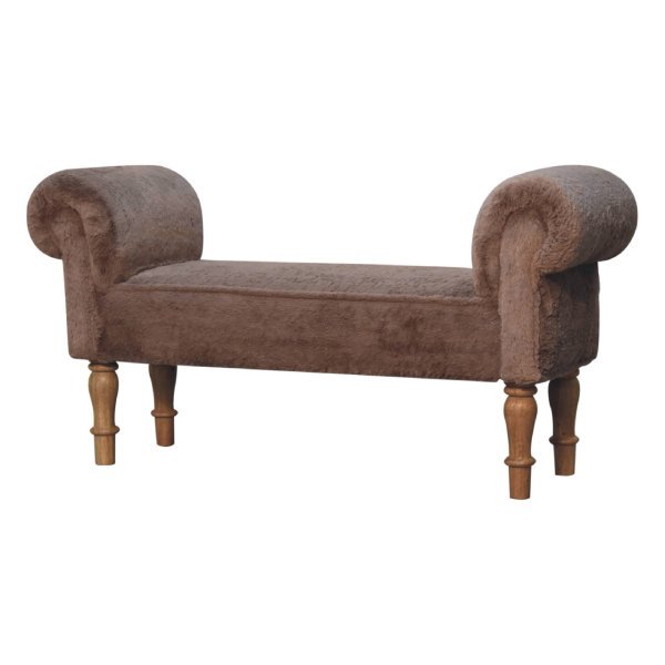 Solid Oak Finished Mango Wood Mocha Faux Fur Bench - Image 3