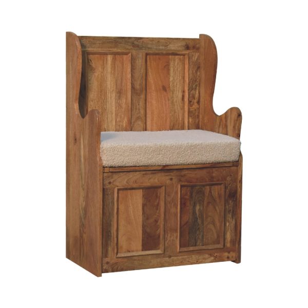 Solid Mango Wood Solid Oak Finished Mango Wood Cream Boucle Small Monks Bench - Image 3