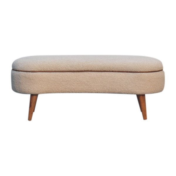 Solid Oak Finished Mango Wood Cream Boucle Bench with Leather Piping