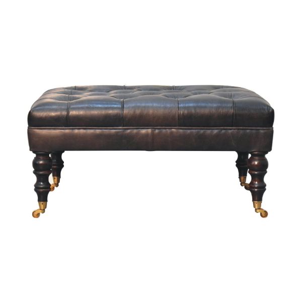 Solid Mango Wood Buffalo Ash Black Leather Ottoman with Castor Legs