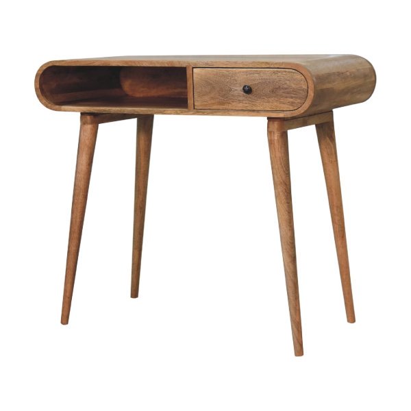 Solid Mango Oak Finished Wood Curved 1 Drawer Writing Desk