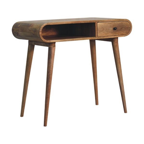 Solid Mango Oak Finished Wood Curved 1 Drawer Writing Desk - Image 2