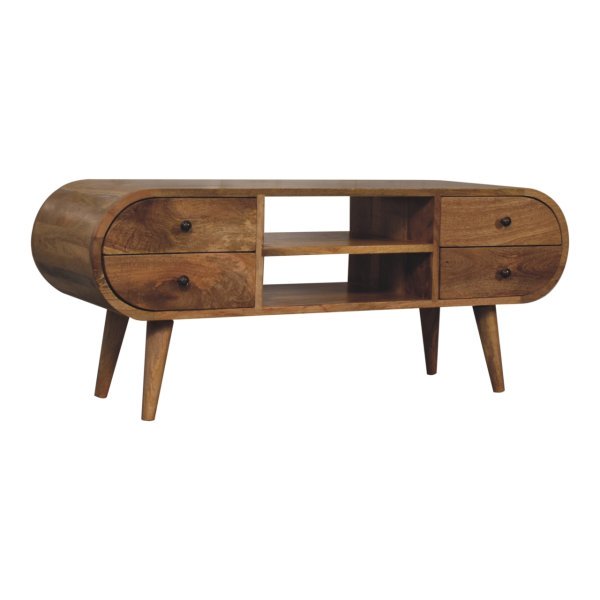 Solid Mango Wood Oak Finished Circular Media Unit with 2 Open Slots - Image 3