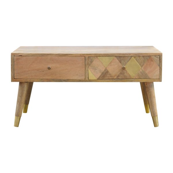 Solid Mango Wood Solid Mango Wood Oak Finished Gold Inlay 4 Drawer Coffee Table
