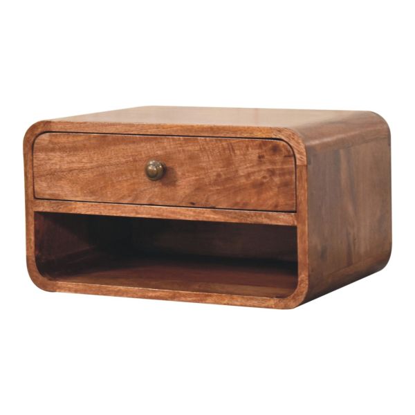 Solid Mango Wood Curved Honey Caramel Wall Mounted Bedside with Open Slot - Image 2