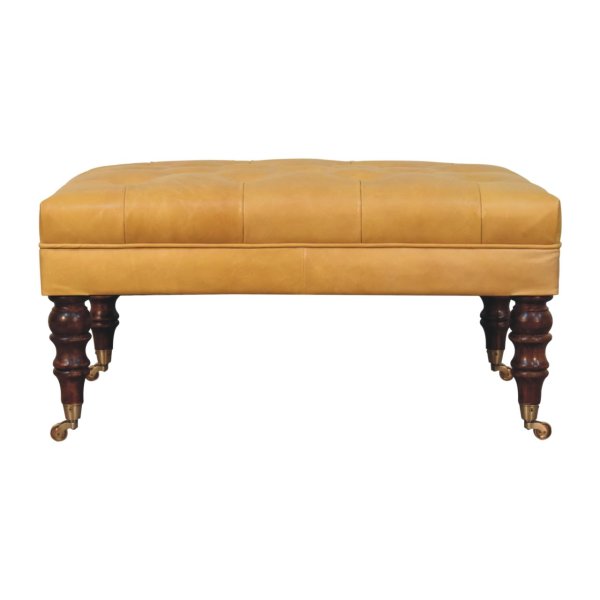 Solid Mango Wood Honey Caramel Buffalo Tan Leather Ottoman with Castor Legs