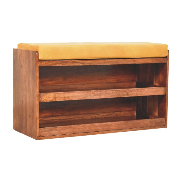 Solid Mango Wood Buffalo Hide Pull out Honey Caramel Shoe Storage Bench - Image 2