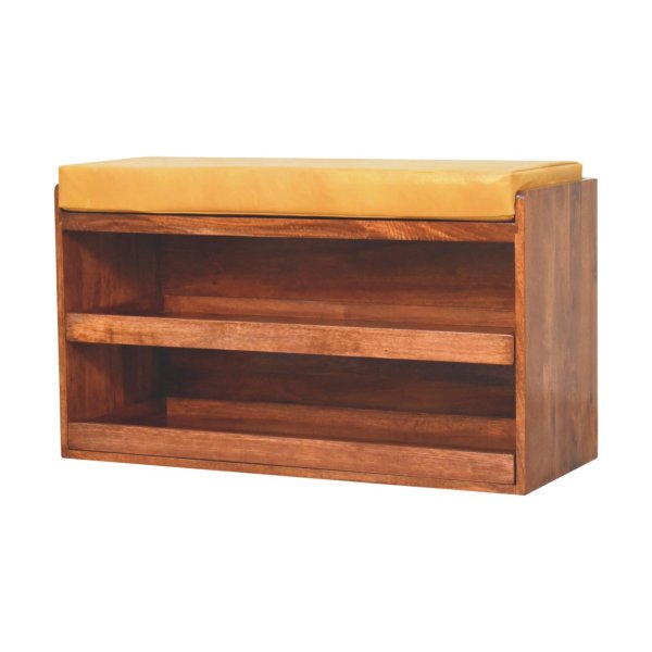 Solid Mango Wood Buffalo Hide Pull out Honey Caramel Shoe Storage Bench - Image 3