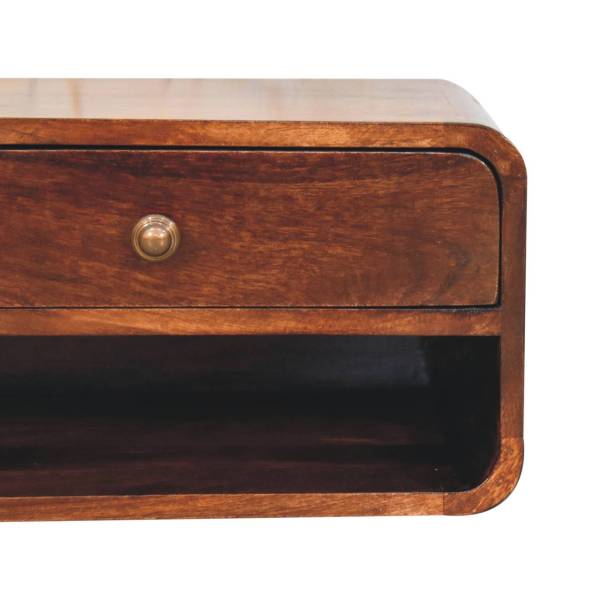 Solid Mango Wood Curved California Walnut Wall Mounted Bedside with Open Slot - Image 3