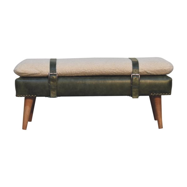 Solid Mango Wood Boucl? Buffalo Hide Olive Green Leather Bench
