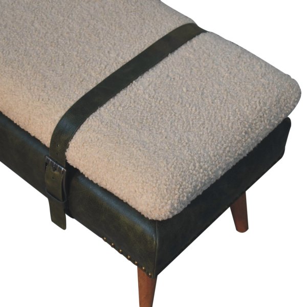 Solid Mango Wood Boucl? Buffalo Hide Olive Green Leather Bench - Image 6