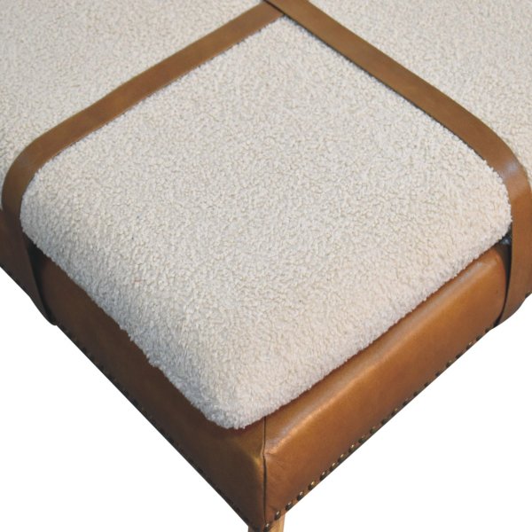 Solid Mango Wood Large Square Boucl? Buffalo Hide Brown Leather Footstool - Image 5